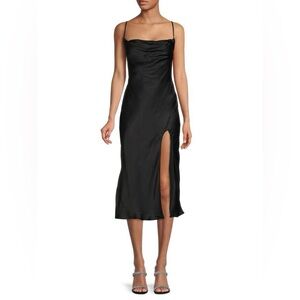 NWT: Bardot Black Satin Midi Slip Dress with Side Thigh Slit